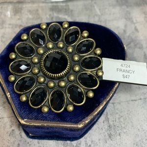 Premier Designs Francy Brooch/Pendant, Antique Brass Matte Finish Black Gems